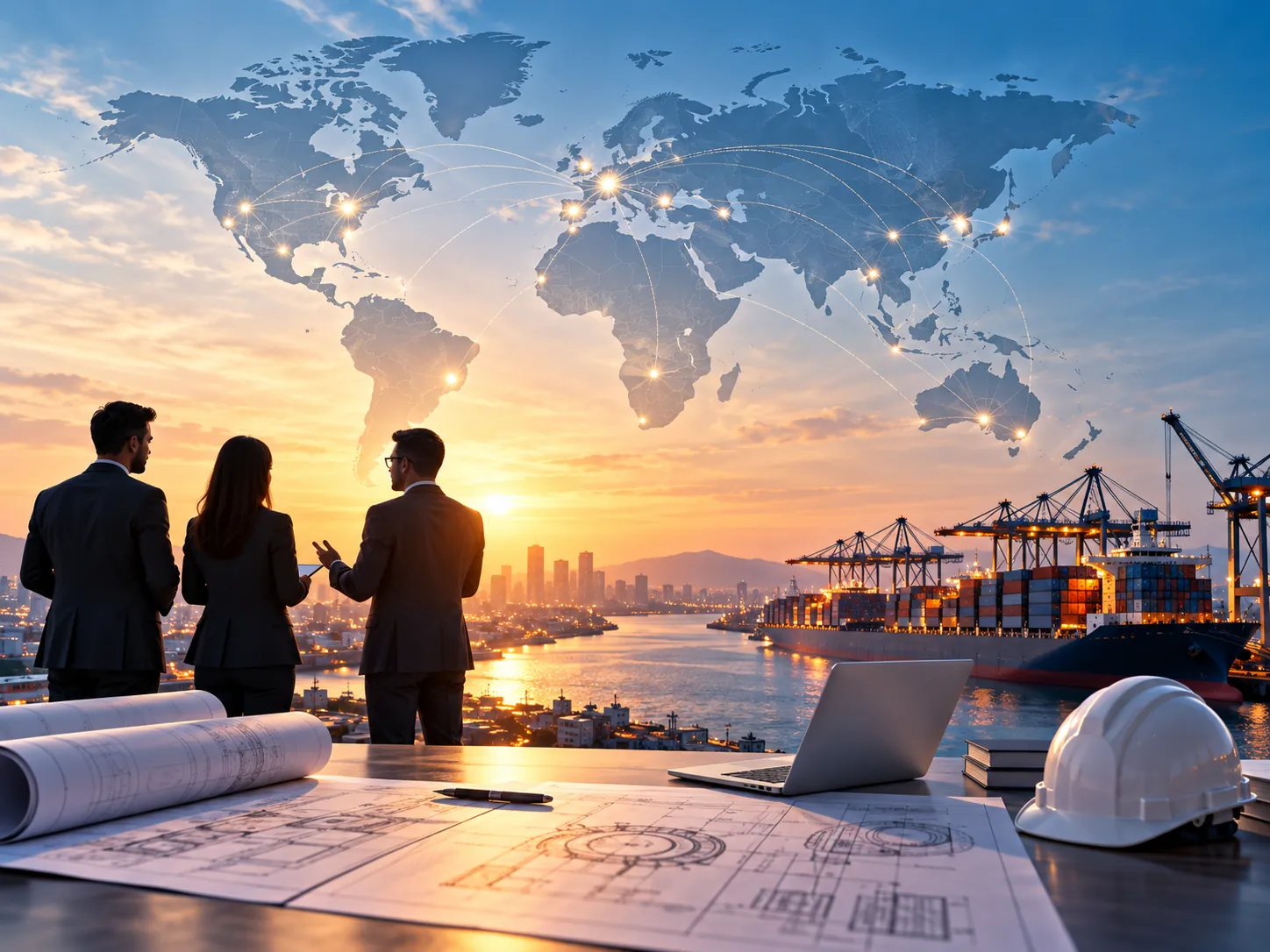 Conceptual illustration of international equipment sourcing: three professionals reviewing plans in front of a world map of supply routes and a container port.