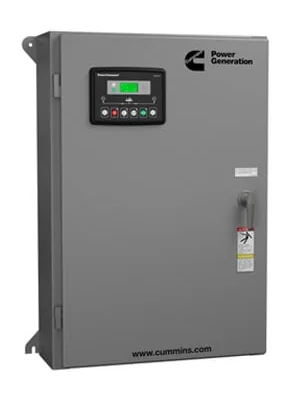 Cummins GTEC automatic transfer switch in a closed wall-mounted enclosure with its transfer controller on the door