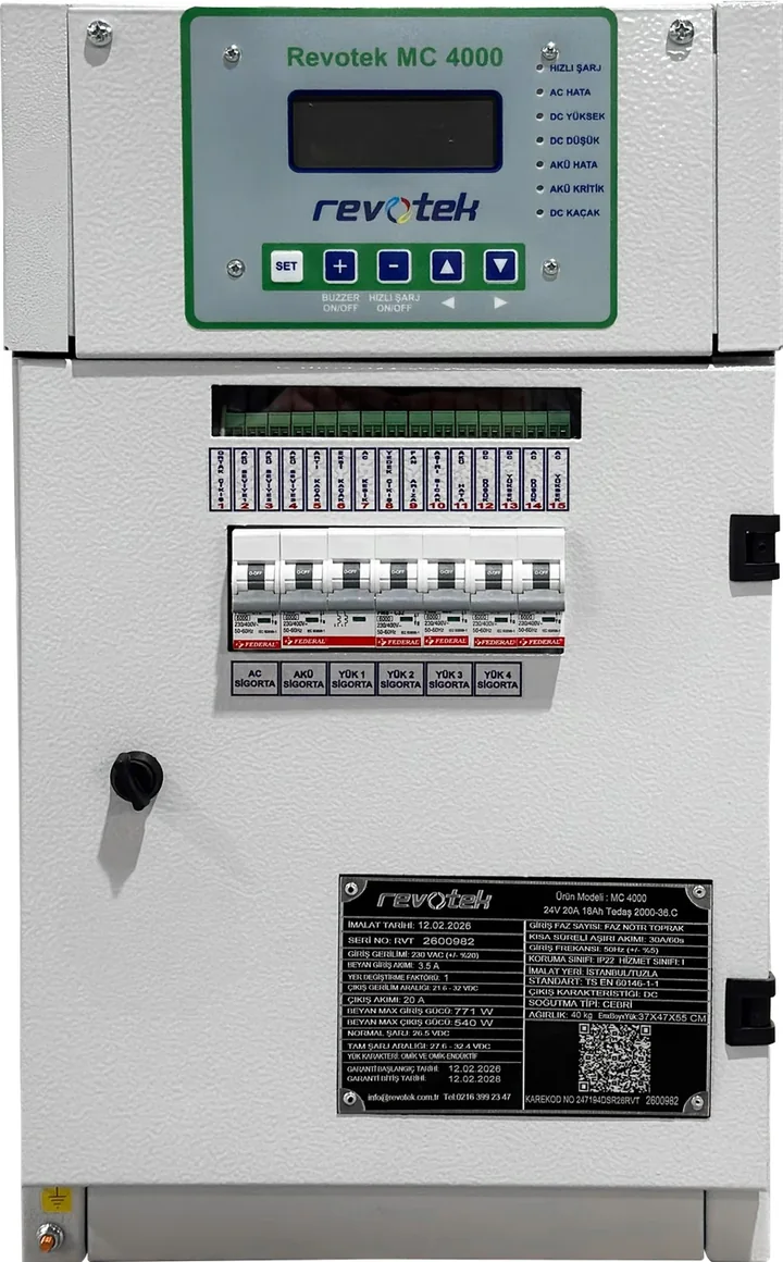 Revotek battery-charger rectifier cabinet with digital controller, output circuit breakers and rating plate