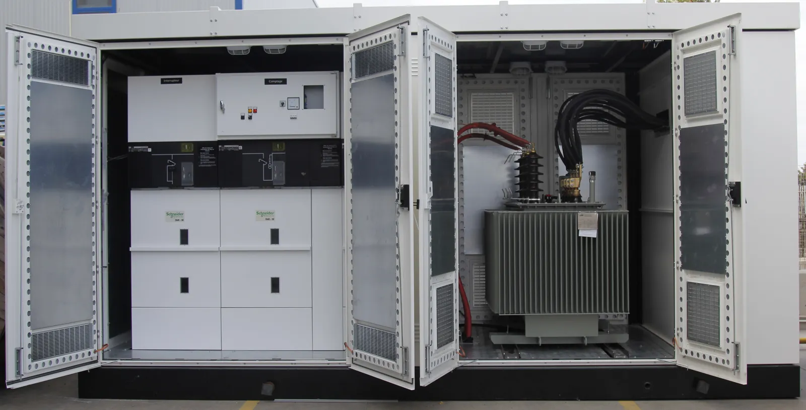 Compact / Package Substation with its equipment compartment doors open.