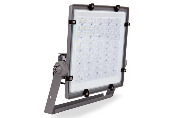 High-power LED floodlight on a mounting yoke