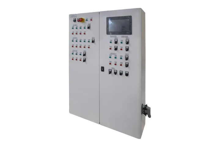 Motor control panel with a touchscreen operator panel, pilot lights and selector switches on the doors