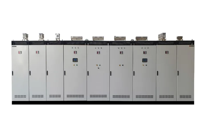 Low-voltage main distribution board: a lineup of floor-standing cabinets with closed doors