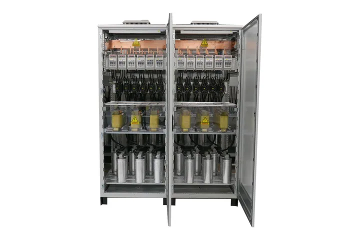 Open power factor correction panel with capacitor banks and switching contactors