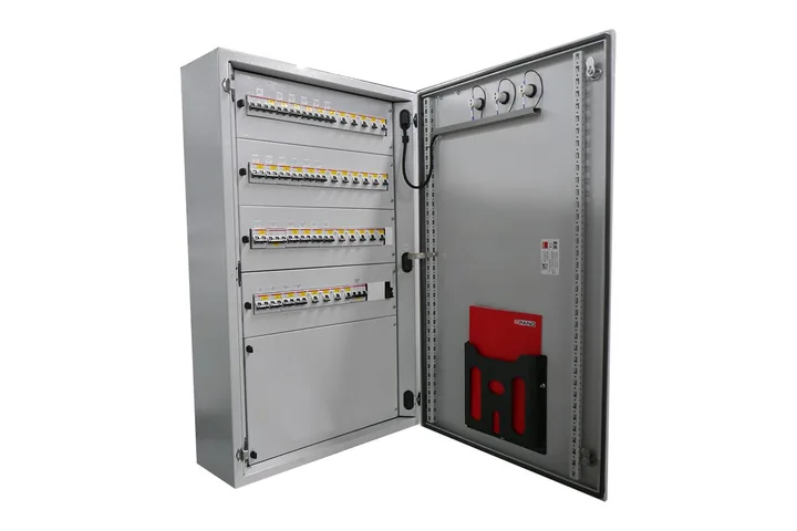 Open sub-distribution board with rows of modular circuit breakers