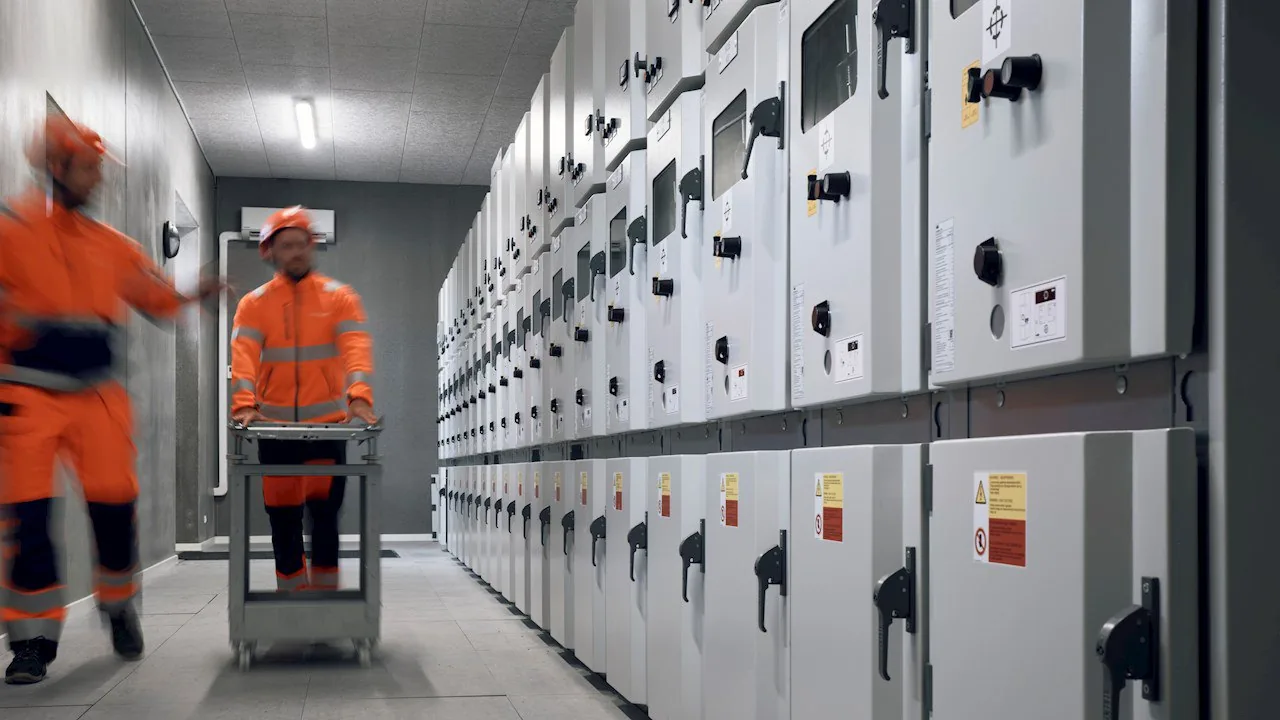 Lineup of ABB medium-voltage switchgear panels in an electrical switchroom