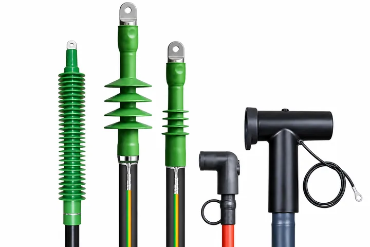 Medium-voltage cable terminations with green insulating sheds and cable lugs, alongside elbow and T-type separable connectors on cable ends