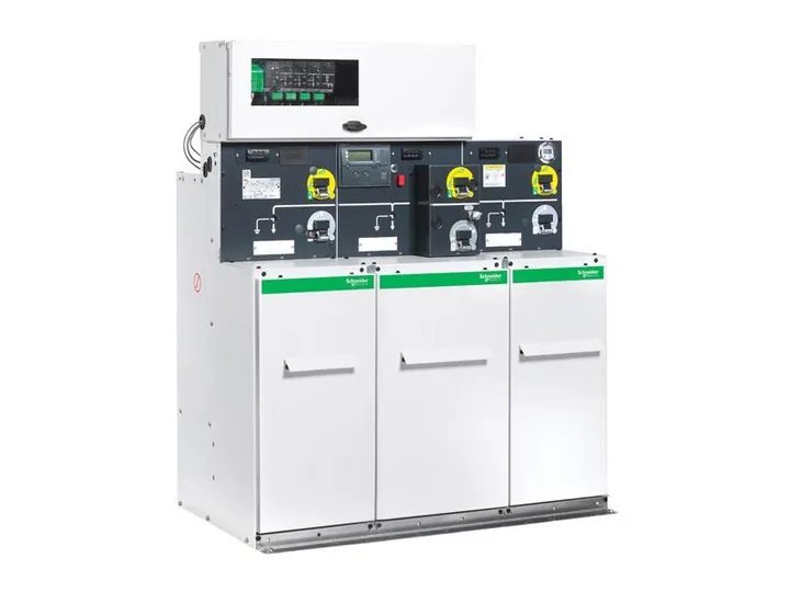 Schneider Electric RM6 gas-insulated ring main unit with three functional units and a control enclosure on top