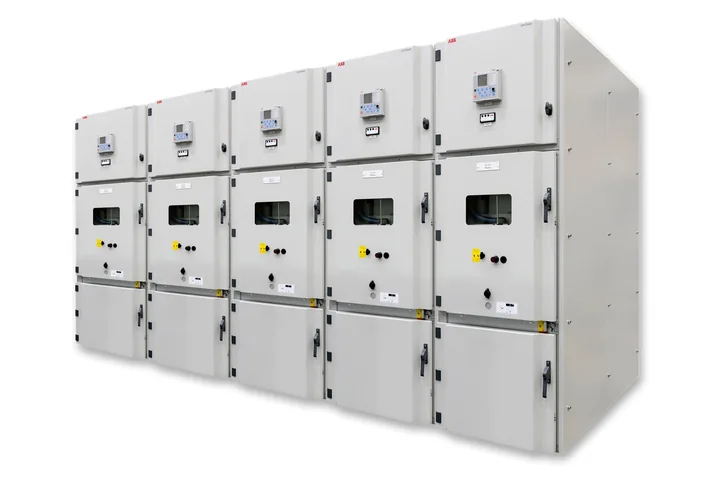 ABB UniGear ZS1 metal-clad medium-voltage switchgear, a lineup of five panels