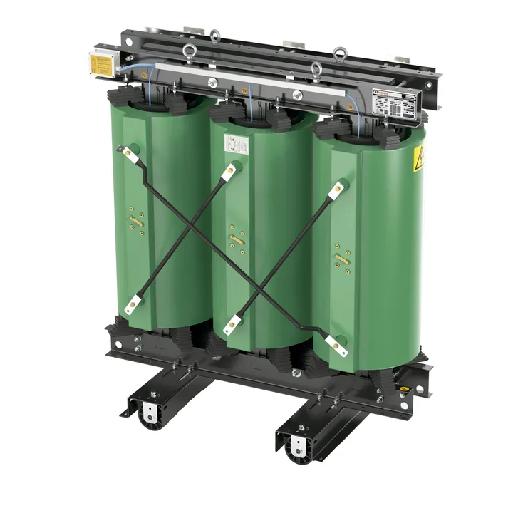 Legrand cast-resin dry-type transformer with three green resin-encapsulated windings on a steel frame