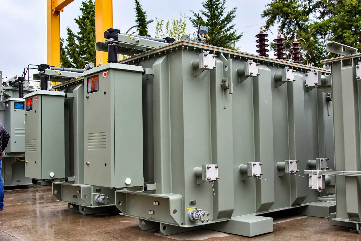 Two large oil-filled power transformers with cooling radiators and control cabinets in an industrial equipment setting.