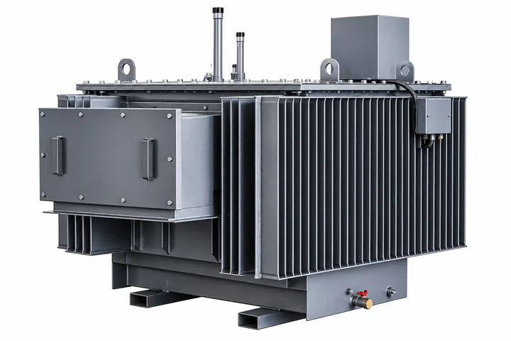 MAKSAN oil-filled distribution transformer with cooling radiators and auxiliary equipment.