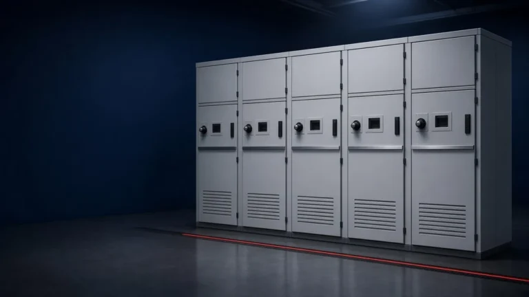 Illustration of a five-panel indoor medium-voltage switchgear lineup with plain light-grey panel fronts and a red light line along the floor trench