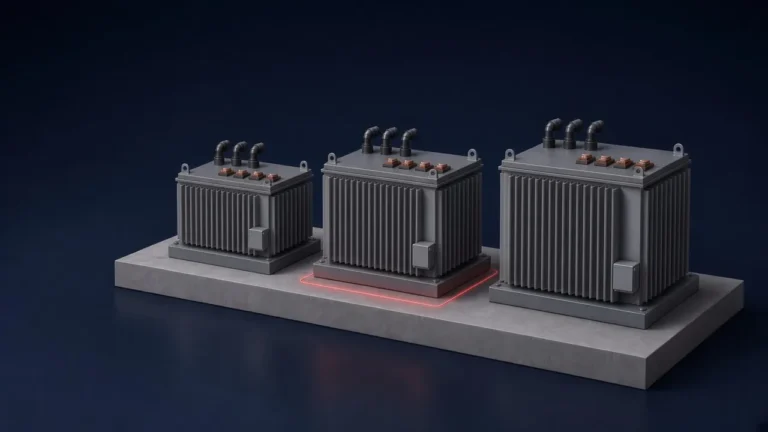 Illustration of three ground-mounted hermetic distribution transformers of increasing size on one concrete plinth, the middle unit outlined in red