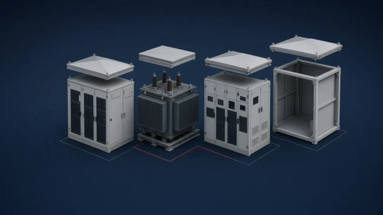 Illustration of an exploded view of a compact package substation showing its four components: medium-voltage switchgear section, transformer, low-voltage switchboard section and enclosure