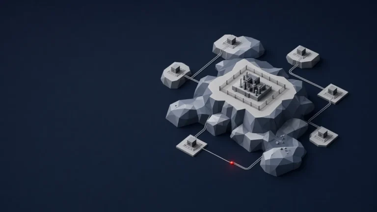 Illustration of an aerial model of a primary substation feeding a ring of secondary substations, with one open point in the ring marked in red