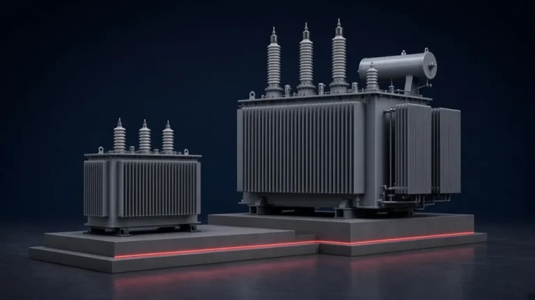 Illustration of a distribution transformer beside a larger power transformer on a stepped plinth
