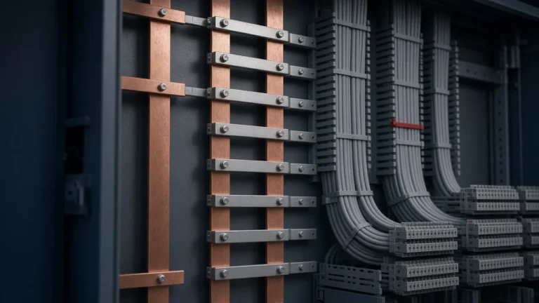 Illustration of the interior of a low-voltage distribution board with copper busbars and neatly routed cables