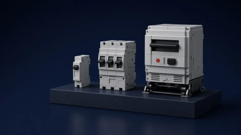Illustration of a miniature circuit breaker, a moulded-case circuit breaker and an air circuit breaker in increasing size