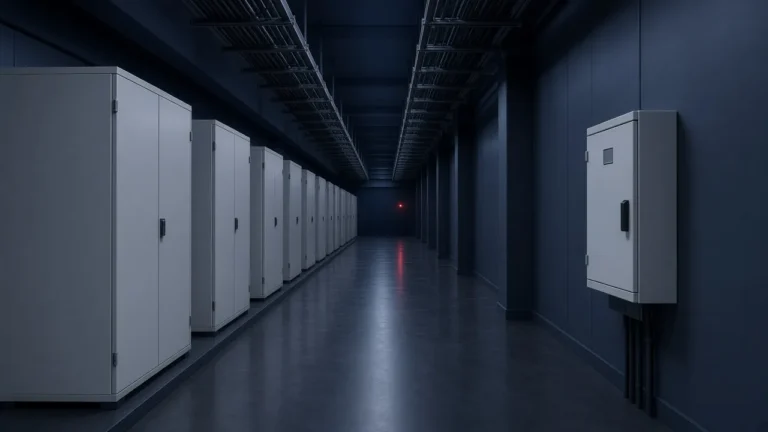 Illustration of a critical power room corridor lined with UPS and battery cabinets, with a transfer switch enclosure on the wall