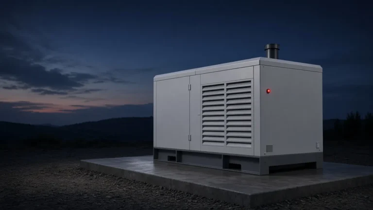Illustration of an enclosed diesel generator set on a concrete pad at dusk