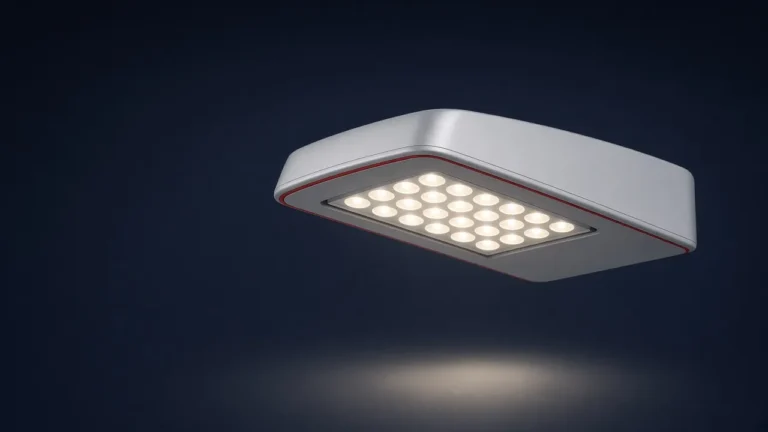 Illustration of an LED street-light luminaire head seen from below, with its LED array lit
