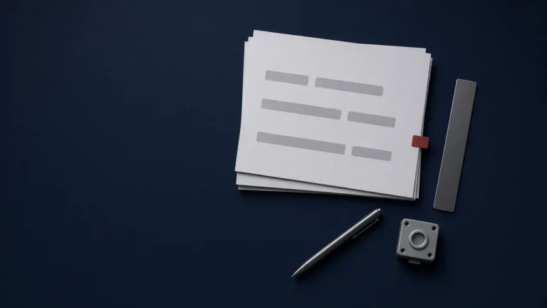 Illustration of specification document sheets with placeholder lines, a pen, a ruler and a small component