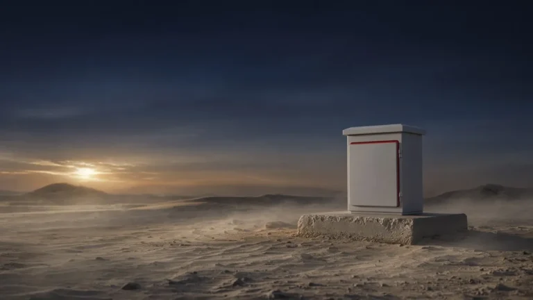 Illustration of an outdoor electrical enclosure standing in a dusty desert environment