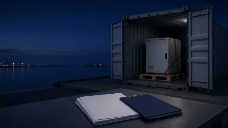 Illustration of an electrical cabinet strapped on a pallet inside an open shipping container at a port, with documents in the foreground