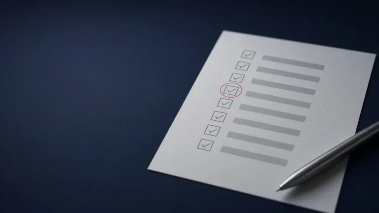 Illustration of an RFQ checklist document with ticked items, one item highlighted