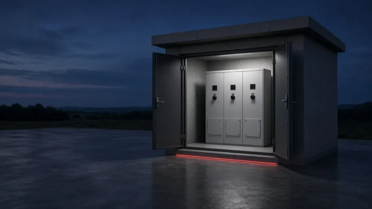 Illustration of a compact kiosk-type secondary substation at dusk with its doors open, showing a ring main unit inside