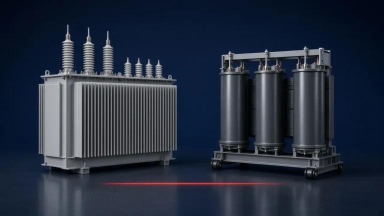 Illustration of an oil-immersed distribution transformer with a corrugated tank beside a cast-resin dry-type transformer