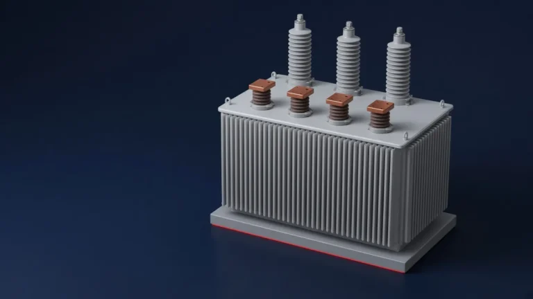 Illustration of a three-phase oil-immersed distribution transformer with three HV bushings and four LV bushings on its cover