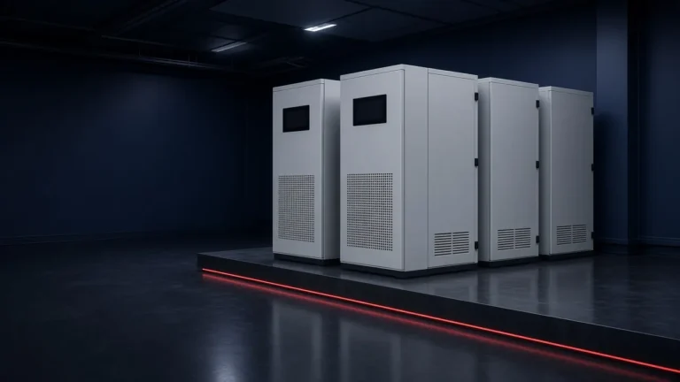 Illustration of floor-standing UPS and battery cabinets in a dark electrical room