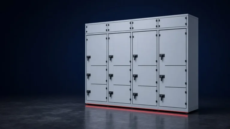 Illustration of a multi-section low-voltage switchboard with separate compartment doors