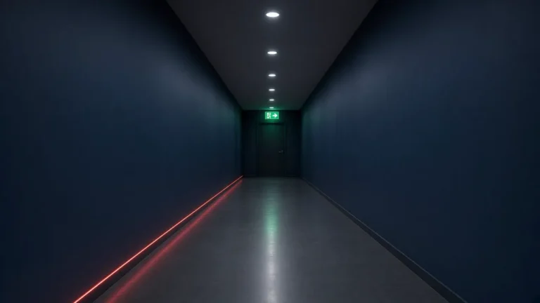 Illustration of a dark escape corridor lit by ceiling emergency luminaires, with an exit sign glowing at the far end